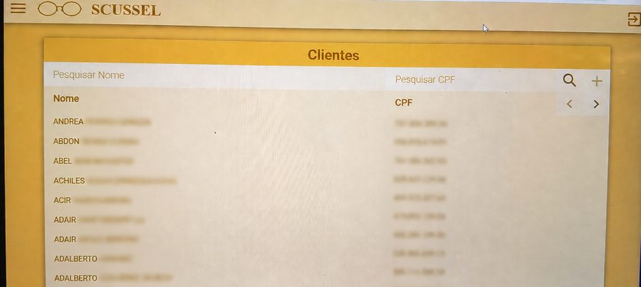 Optical store management system showing a customer list with search by name and CPF